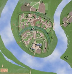 <p>Maquette van Zutphen die de situatie omstreeks 1200 weergeeft. Rond de palts en de kapittelkerk ligt een extra verdedigingsring en ten noorden van de ringwalburg is een handelsnederzetting ontstaan. (maquette C.J. Willems)</p>
